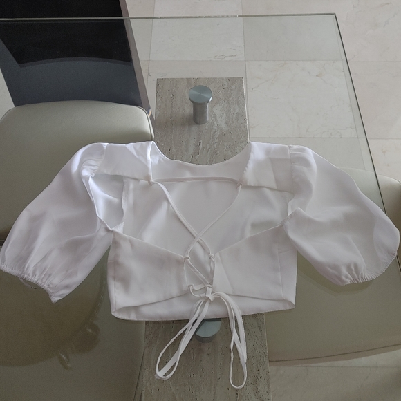 Lulus Subtle Flirt Ivory Puff Sleeve Lace-Up Crop Top - Small - Picture 6 of 6